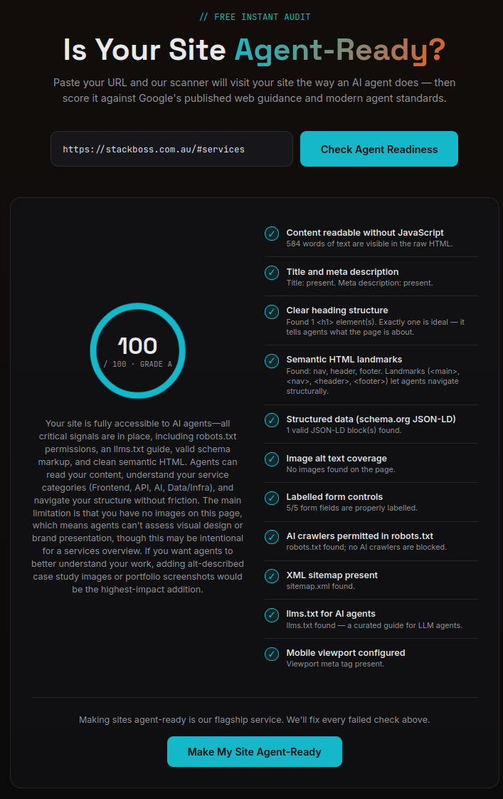 Agent-readiness scan of stackboss.com.au after optimisation, scoring 100 out of 100, Grade A, with all eleven checks passing.